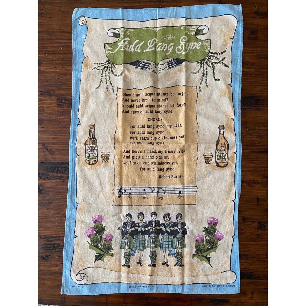 VTG Glen Appin Auld Lang Syne Tea Towel Robert Burns Cotton Scotland Souvenir